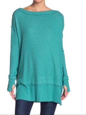Free People Teal Off-the-Shoulder Waffle Knit Top With Thumb Holes